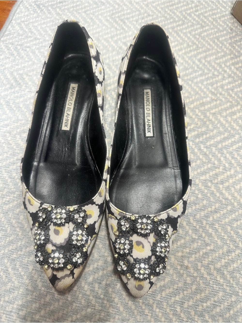 Manolo Blahnik Black Floral Crystal-Embellished Pointed Flats